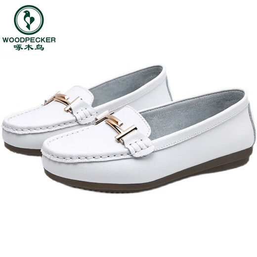 Woodpecker genuine leather flat-sole shallow mouth casual shoes with one foot beans shoes soft sole versatile middle-aged mother shoes lightweight women's singles shoes 6630 white 35