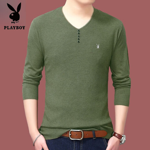 Playboy brand Men's long-sleeved T-shirt 2025 spring and autumn new V-neck solid color high-end casual, non-scalding anti-wrinkle base shirt 1518 black 2XL 180 (recommended 150-165Jin [Jin equals 0.5 kg])