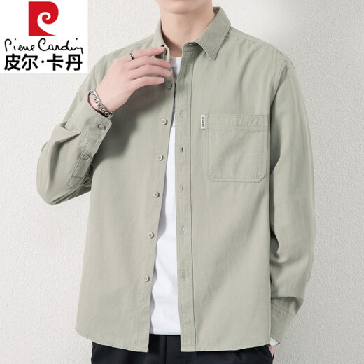 Pierre Cardin 100% cotton long-sleeved shirt for men spring and autumn 2025 new no-iron inch shirt comfortable casual shirt jacket for men NKM-8851 Bean Green XL Recommended 126-140Jin Jin equals 0.5 kg