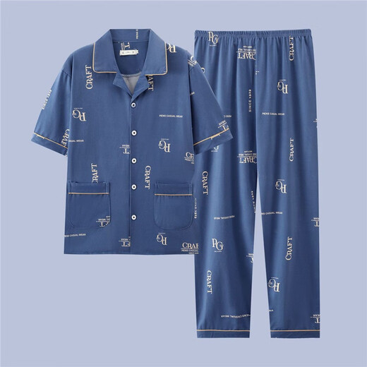 猫人 MiiOW男士纯棉睡衣男夏季休闲春秋薄款家居服套装短袖青年夏天加大码 G3884蓝色(短袖) 2XL 建议140-160斤