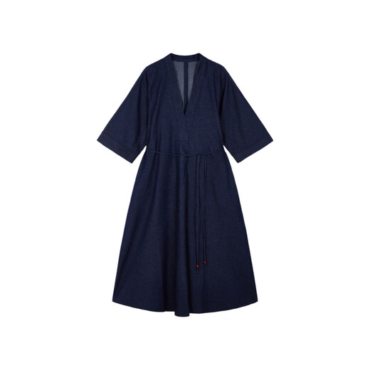 LESS【迅系列】V领和服款连衣裙女廓形宽松短袖牛仔裙2O4G13820 993牛仔深兰 S