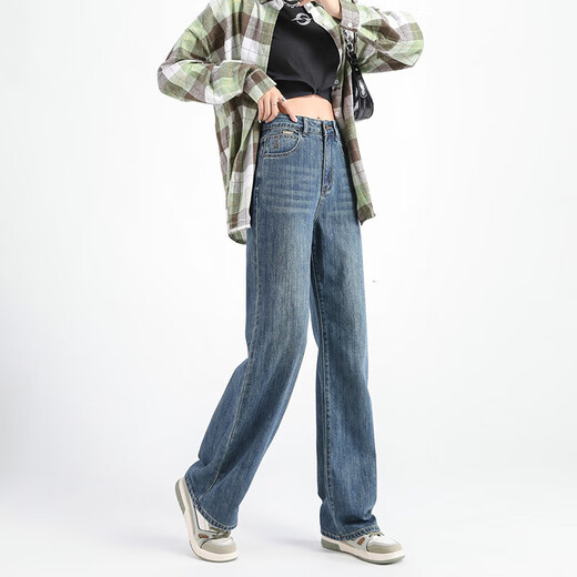 Pantalon large et étroit à taille haute 2025 Spring and Summer Nouveaux jeans droits décontractés simples et polyvalents # 9905 Nostalgic Blue régulier L (recommandé 110-125Jin [Jin est égal à 0,5 kg]))