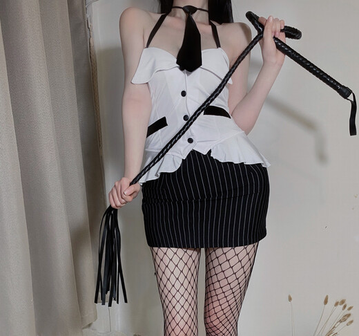 情趣内衣挂脖低胸ol秘书教师制服诱惑性感包臀条纹短裙套装女7029 套装不含袜鞭 均码