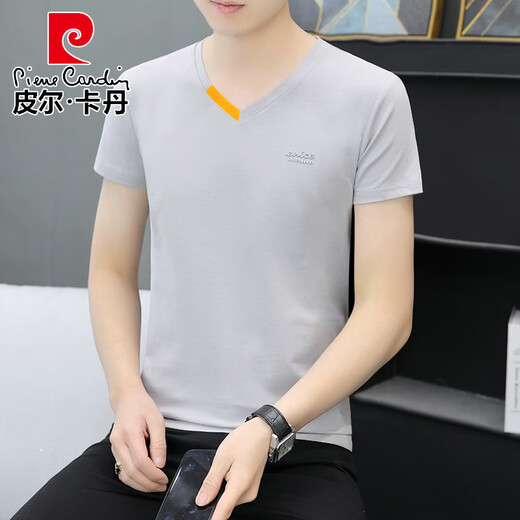 皮尔卡丹夏季新款男士棉V领半袖T恤潮流休闲小字母印花鸡心领短袖体恤衫 691 白色 M 90-100斤