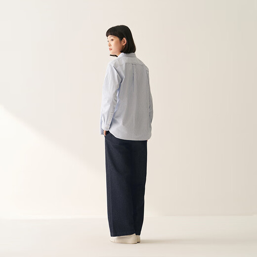 MUJI Women's Cotton Washed Oxford Button Collar Long Sleeve Shirt Women's Shirt Jacket Tops 25 Fall New Product Saxon Blue Stripe S (155/80A)