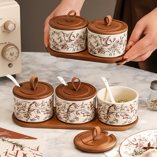 Timeless Queyue Branch Ceramic Seasoning Jar Set Home Kitchen Seasoning Salt Shaker Combination High-Level 3 Packs of Queyue Branch Seasoning Jars - With Storage Tray
