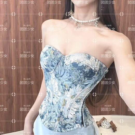 Banfi blue mirror white feather jacquard French real fishbone retro high-end sense tube top blue mirror white feather single top with chest pad (comes with shoulder strap) one size fits all A/B cup (the back strap can be adjusted to 105 Jin Jin is equal to 0.5 kg)