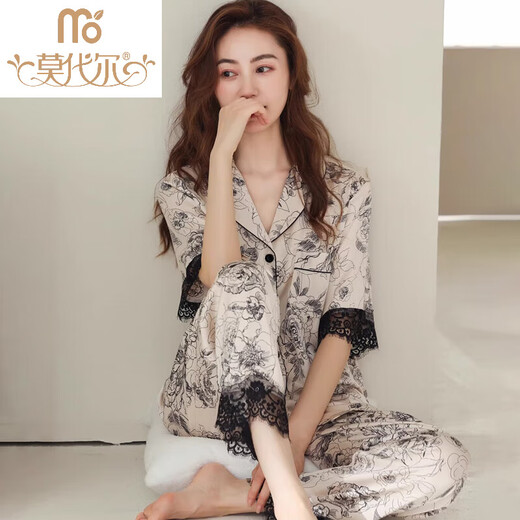 Modal internet celebrity summer pajamas for women ice silk peony flower short-sleeved trousers imitation silk thin home clothes for outdoor wear set 9905 short-sleeved trousers M