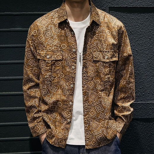 [American workwear] Men's loose cashew flower ethnic style literary retro British niche long-sleeved shirt Navy blue 9717-CPH XL [Suggested 120-140Jin [Jin equals 0.5 kg]]