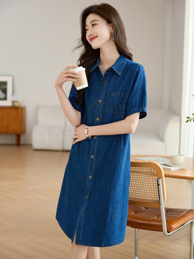 
TJQ ​​luxury high-end brand denim dress for women 2025 summer new style loose casual single-breasted shirt skirt blue M suggested 115Jin [Jin equals 0.5 kg]