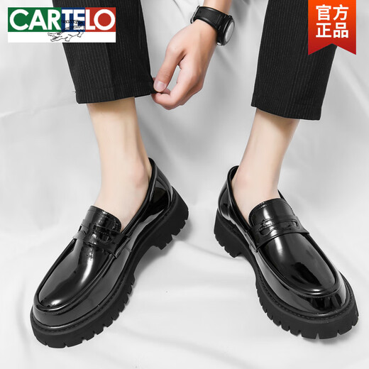 Cartelo Men's Loafers 2025 Мужские туфли повышенная толстая подошва блестящая модная кожаная обувь Ленивые бобы 3518 черные 38