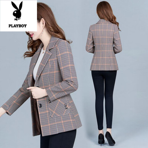 Playboy (PLAYBOY) short blazer for women 2025 new autumn style middle-aged spring autumn middle-aged mother autumn small suit western style plaid orange plaid 5XL recommended 138-150Jin Jin equals 0.5 kg