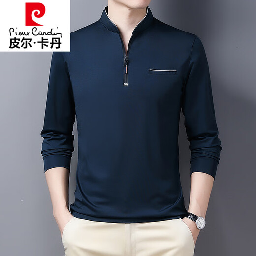 皮尔卡丹（pierre cardin）男士长袖t恤2025年秋季新款潮流宽松上衣服休闲立领卫衣男装轻奢 6625宝兰 加绒 M 【90-110斤】