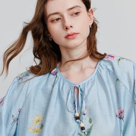 Chuyu Small Fresh Linen Printed Shirt Women's 2025 Spring New Loose Shirt Top Blue Bottom Green Velvet XL