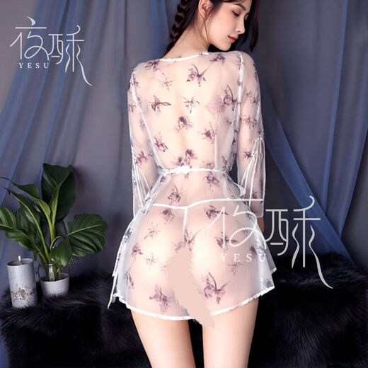 夜酥性感蝴蝶印花透视系带深V开襟和服睡袍睡衣6227 古印花外袍 均码
