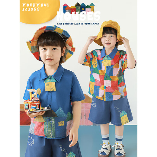 幼悠男童夏季连帽遮阳防晒衣清凉短袖t恤宽松短裤油画小镇系列套装 包包蓝色S1726 均码
