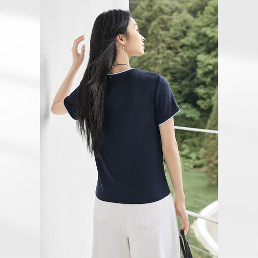 Dialogue [Laceel + Linen] Light and Soft Knitted T-shirt for Women 2025 Summer New Style Front Shoulder Short Sleeve Top Navy Blue S