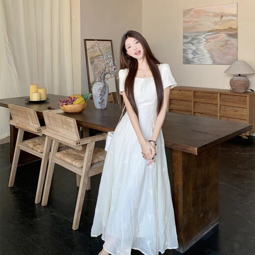 Bangboshi weißes Kleid kurzärmeligte gestickte florale langen Rock 2025 Sommer neuer Kaffee Break Französisch Elegantes Temperament sanftes Stil bestickter Kleid [Aprikosenfarbe] M Größe geeignet [85-100jin [Jin gleich 0,5 kg]]]