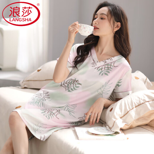 LangSha nightgown for women in summer thin half-sleeved ice real silk sexy summer loose large size pajamas home clothes 9923 L 165