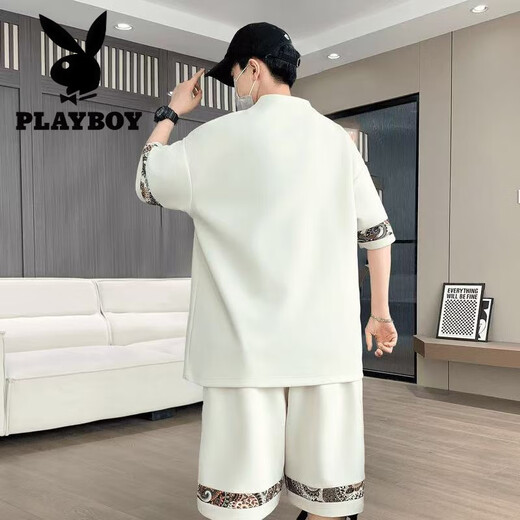 花花公子（PLAYBOY）2025夏季新款短袖青年潮流大码休闲运动套装男士时尚百搭两件套潮 【夏季套装】6195绿色 M 90-110斤