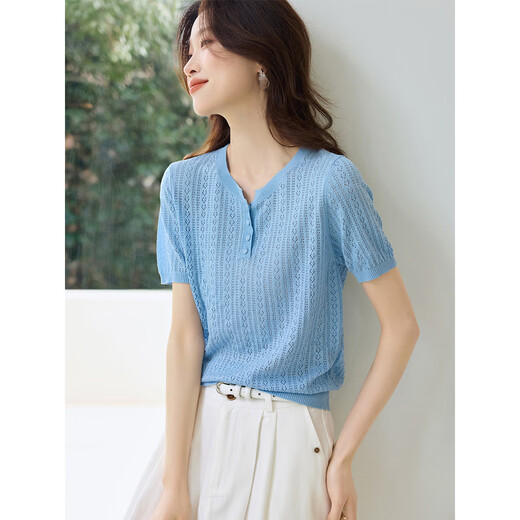 Mo Hanyimei [modischer Retro-Stil ausgehöhltem runden Hals halb geöffneter Placket kurzärmeliger Pullover] 2025 Sommer neu gestrickter Pullover Sky Blue M.