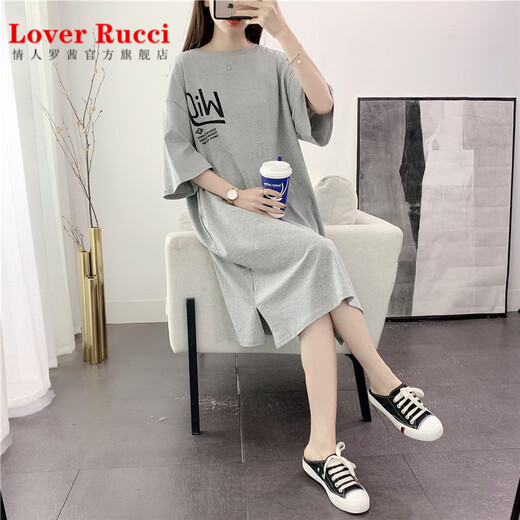 LOVER RUCCI短袖T恤裙女夏季长款过膝宽松纯棉大码2025新款中长款懒人连衣裙 9196单行字母-白色（实拍） M