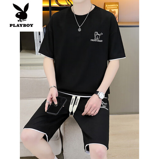 Playboy (PLAYBOY) high-end casual sports suit for men's summer shorts with breathable T-shirt for men's summer teenagers [Set] 6182 White L (recommended 115-135Jin [Jin equals 0.5 kg])