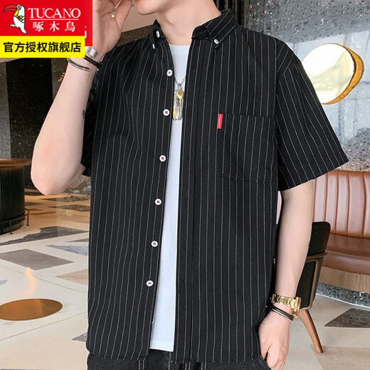 啄木鸟格子短袖衬衫男士装夏季潮流宽松百搭衬衣外套上衣服 2202灰色 XL