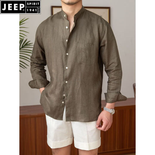 JEEP SPIRIT Commuting Light Mature Casual Breathable Pure Linen Long Sleeve Shirt Versatile Vacation Stand Collar Shirt Men's Henley Collar Top White L