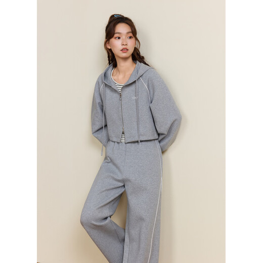 Zihan (ZIHAN) Zihan casual sports striped vest hooded jacket sweatpants three-piece upper and lower suit for women 2025 autumn new style Gray S