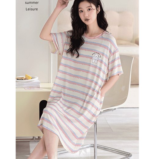 
Langsha cool modal thin cool pajamas for women in summer with chest pad short sleeves shorts loose casual home clothes nightgown 13298 One-piece skirt M 80-100Jin [Jin equals 0.5 kg]