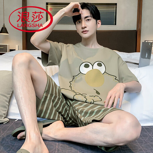 Langsha Summer Pyjamas Herren 2025 Neue Pure Cotton Short Sleeve Shorts Dünne Sommer-Teenager Full Cotton Home Clothing Set W9928 [reines Baumwoll-Kurzarm-Männer] l [100-130jin [Jin gleich 0,5 kg]]]