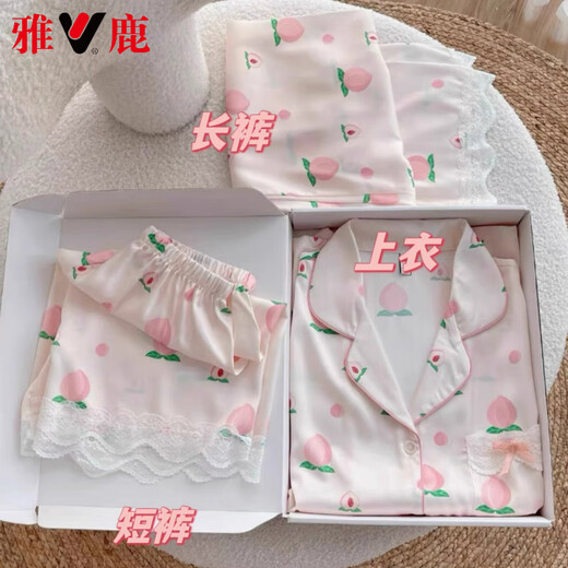 Yalu Light Luxury Silk Pajamas for Women in Summer Thin Sweet Lace Peach Short Sleeve Trousers Three-piece Set for Outdoor Home Clothing Peach [Short Sleeve + Trousers] 9905 M [80-100Jin [Jin equals 0.5 kg]]