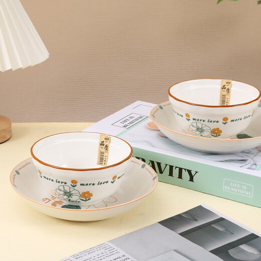 Household underglaze color ceramic pastoral style modern style simple line flower 4.8 inch bowl/7 inch plate tableware set simple line flower 7 inch plate 1 pack