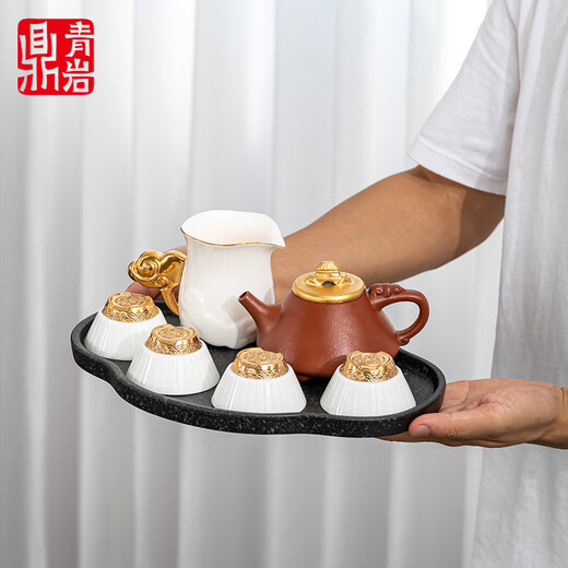 Qingyan Ding Forbidden City Purple Clay Pot and Golden Palace Set Birthday Gift for Husband, Men, Friends, Dads and Elders Retirement Gifts Forbidden City Ding Golden Palace (Purple Clay Pot Complete Set)