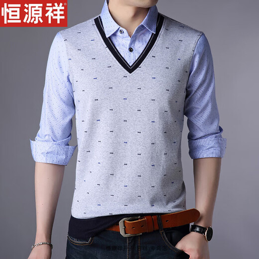 Hengyuanxiang hommes faux pull en deux pièces automne t-shirt à manches longues pull décontracté.