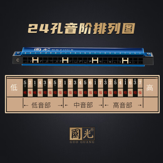 国光24孔初学入门级带音阶纪念版复音口琴C调（宝石兰）礼盒装