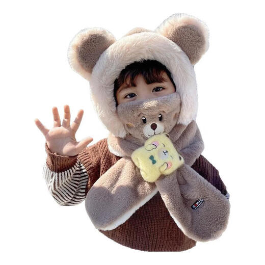 Winter children's hat and scarf all-in-one for boys and girls, thickened and warm, cute baby antlers, windproof ear protection hat, children's color matching bear-brown