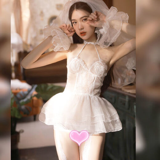 婚纱情趣女性感睡衣透明蕾丝婚纱情趣制服挑逗火辣诱惑套装裙 纯情白套装+9756+模特袜 均码80-120斤