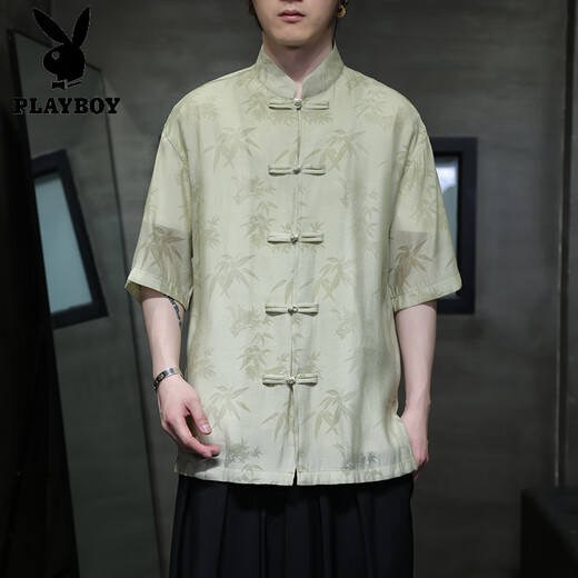 花花公子（PLAYBOY）夏季轻薄款短袖衬衫新中式古风盘扣唐装男装中国风竹叶上衣中山装 CS9898白色 L