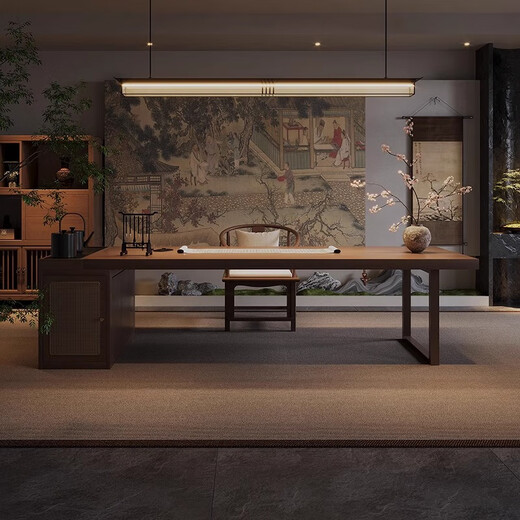 宁邱络阁（NICHLORT）实木家用茶桌书桌一体两用新中式多功能办公泡茶台宋代美学 2.45米桌+圈椅+软包凳+1.2米长凳