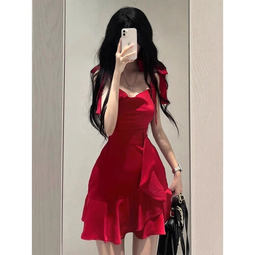Jin Bingsheng retro style suspender dress new pure desire dress red high-end niche temperament waist-hugging short skirt Burgundy [upgraded waist-hugging style] L [recommended 105-115Jin [Jin equals 0.5 kg]]