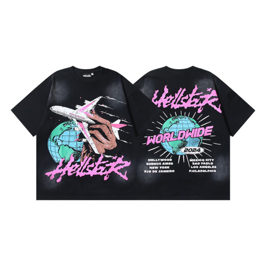 
WALKING BEAUTY Cross-border Wholesale Beauty Trend Hell Hell Star T-Shirt Print Pure Cotton Men and Women Summer Loose Short Sleeve T-Shirt 3895 Washing Black S