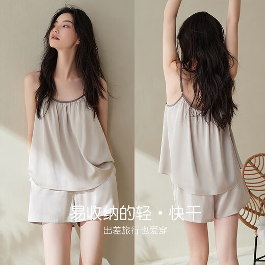 莫代尔（Madallo）冰丝睡衣女夏季薄款吊带短裤套装仿真丝绸夏天大码凉感家居服 63242茶灰 M 建议体重80-100斤