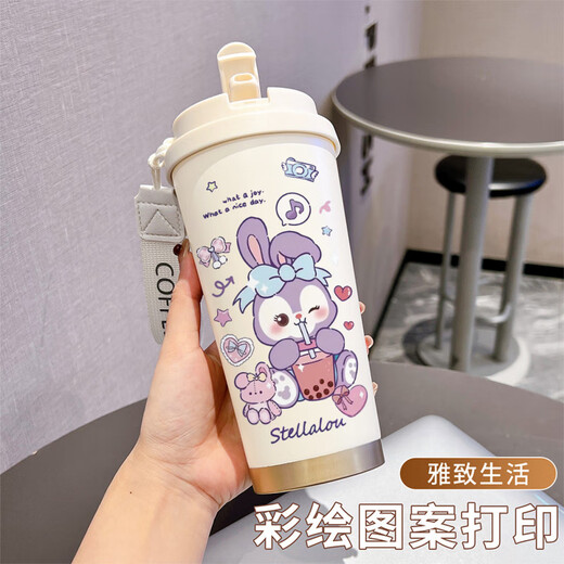 茵桐保温杯高颜值便携办公咖啡杯大容量吸管水杯 不锈钢古董白-BXAB15264紫色兔子 陶瓷覆层