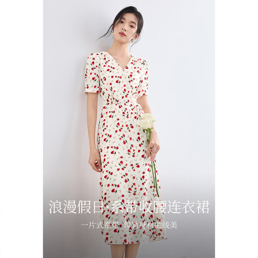 尚都比拉【收腰显瘦】2025年秋季优雅V领泡泡袖一片式系带印花茶歇连衣裙