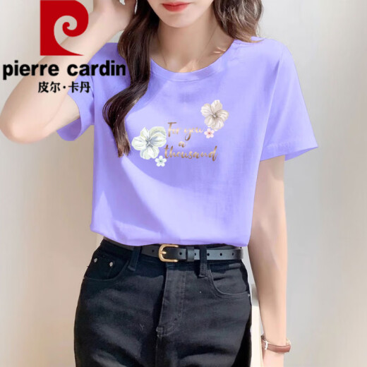 皮尔卡丹（pierre cardin）正肩纯·棉粉色t恤女短袖宽松时尚百搭体·恤夏季2025年新款上衣 6296白色 短/袖 M (建议80-105斤)