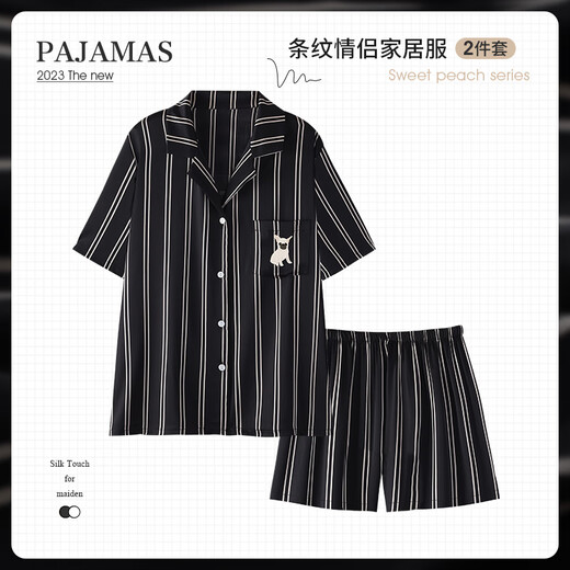 
Shantoulin Village Cai Xukun couple pajamas for women in summer ice silk short-sleeved spring and autumn striped teenager men's home clothes Z3890 women Z3897 men (short-sleeved + shorts)_Panda M women's height 153-160cm, recommended weight 85