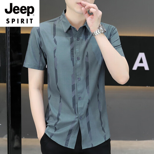 JEEP SPIRIT新款2025夏季男士短袖衬衫潮流痞帅气感冰丝薄款凉爽衬衣 7027黑色 M 90-110斤