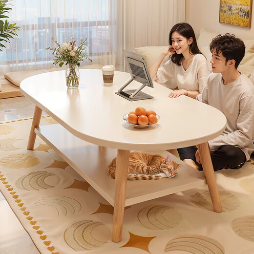 Coffee table for living room, home small apartment table, simple rental house, simple bedroom, creative solid wood table legs, small tea table, double layer 100CM, warm white